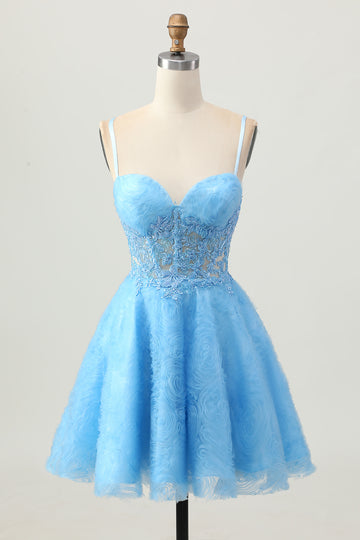 Blue Corset A-Line Homecoming Dress With Appliques